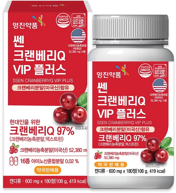 영진약품 쎈 크랜베리 Q VIP 플러스 여성 요로건강 600mg 180정, 1개 - 쿠팡