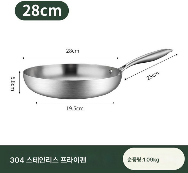 304 스테인리스 스틸 두꺼운 프라이팬 후라이팬 논스틱 스테이크 계란후라이팬 볶음팬 가정용 무코팅, 304 스테인리스 광택 면, 28센티 뚜껑 없음, 1개