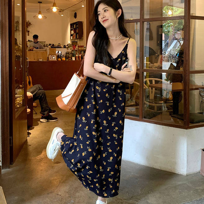 法式茶歇碎花吊帶連衣裙 韓版顯瘦無袖中長款裙, 碎花,S 40.0-45.0公斤, 碎花