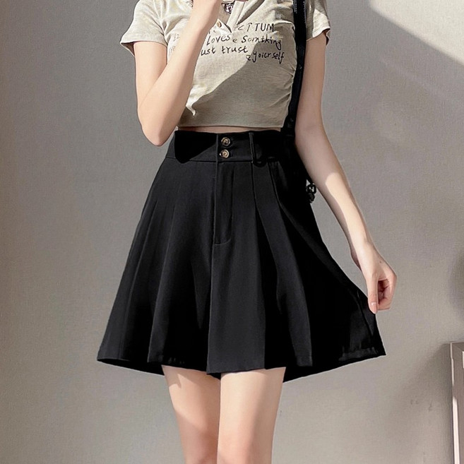 SAHINER 여성 하이웨스트 투버튼 와이드 팬츠 봄여름 반바지