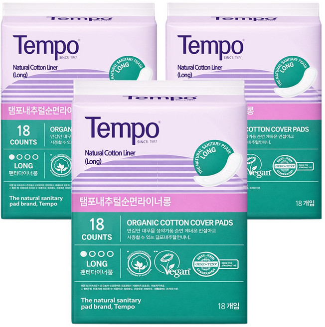 동아제약 내추럴 순면 커버 라이너, 롱, 18매입, 3개