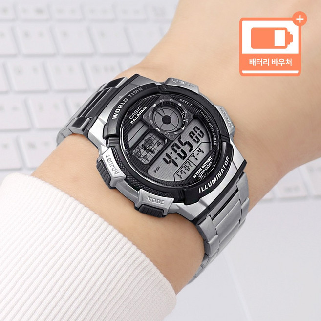 CASIO 10년 배터리 100미터 방수 항공기기 디스플레이 디지털 메탈 남성 시계 + 배터리 바우처