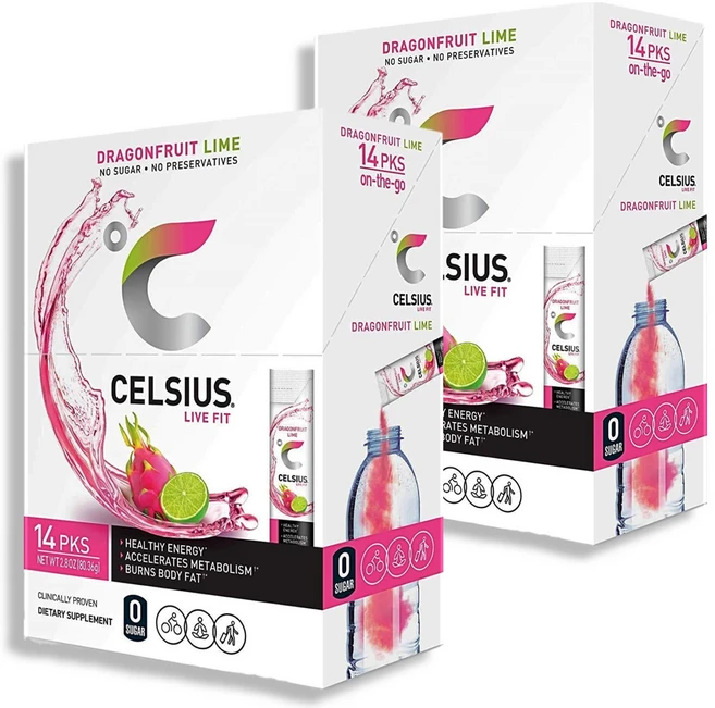 1+1=2 [Celsius] 셀시어스 라이브 핏 온 더 고 에센셜 에너지 파우더(무설탕) 14개입 (드래곤프룻츠 라임맛), 71.5g, 2박스 - 쿠팡