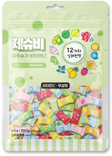 제슈비 제로슈가 비타캔디 12가지맛 무설탕 과일 사탕 지퍼백, 1개, 100g