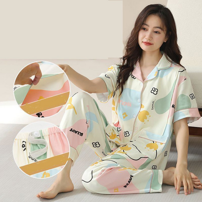 임산부 잠옷 상하세트 빅사이즈 수유 상하복 여름 얇은 반팔티 + 긴바지 임부복 실내복 세트 YJW