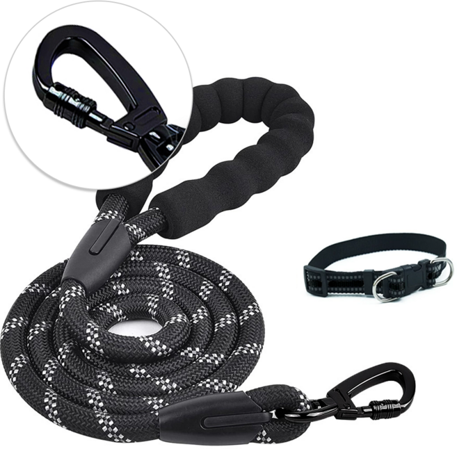 [애견 목줄 + 리드줄 세트] 고급 잠금 후크 고리 반려동물 애견 반려견 리드줄 목줄 세트 강아지 산책줄 중형견 대형견, 1세트, 블랙(1.5m)