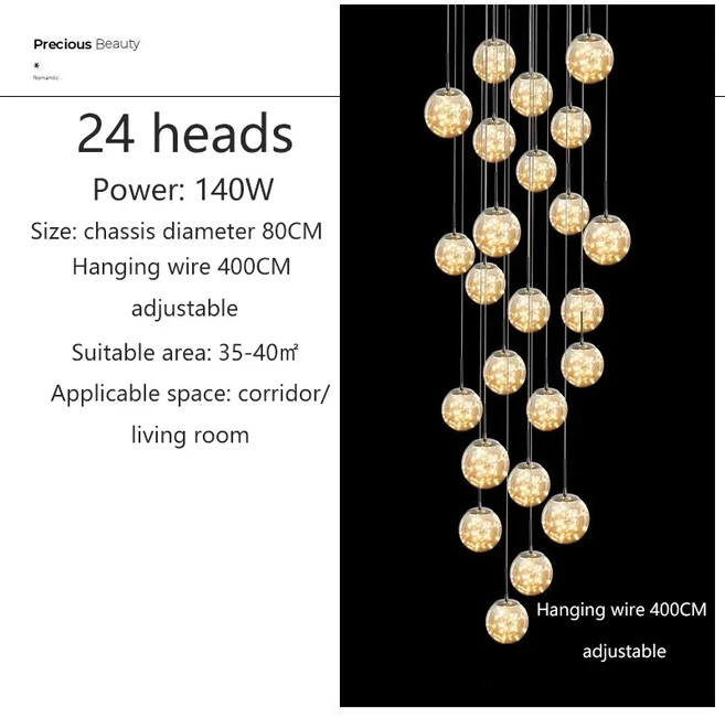 현대 노르딕 유리 공 샹들리에 계단 블랙 볼 라이트 나선형 빛 G4 Led 호텔 빌라 조명 Sta, 04 24 heads, 01 Cognac glass, 01 따뜻한 흰색