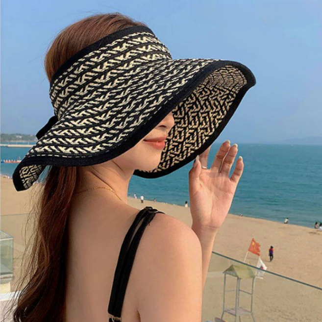 자오자오 여성용 돌돌이 와이드챙 밀짚 썬캡 자외선차단 바캉스 여름 모자