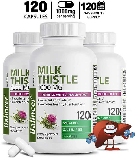 밀크씨슬 1000mg 실리마린 및 민들레 뿌리 간 건강 지원 해독 클렌징 회복 간 기능 지원 항산화 촉진, 1박스, 60정