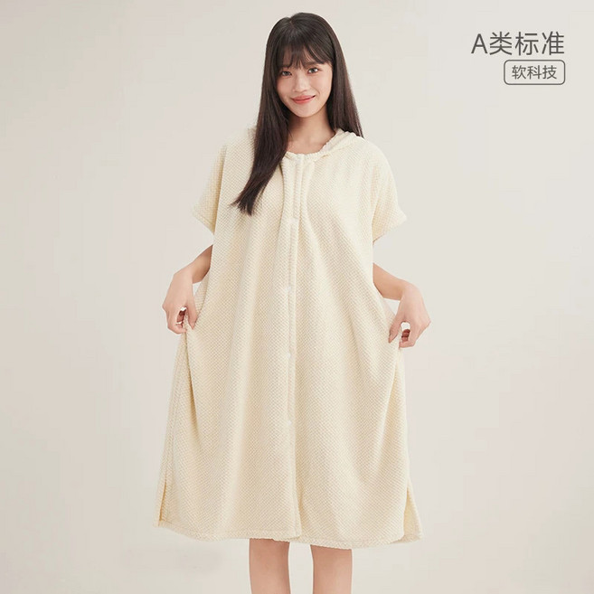 連帽浴袍式浴巾女可穿可裹秋冬長袖比純棉吸水家用防寒加厚睡裙, 1個, 1個裝, 【無袖連帽款】奶油白(A類標準 透氣速幹):如图