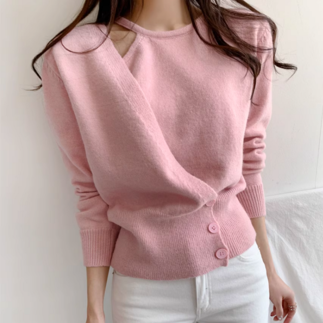 루나모드 어깨 트임 랩 긴팔 니트 티셔츠 K0143