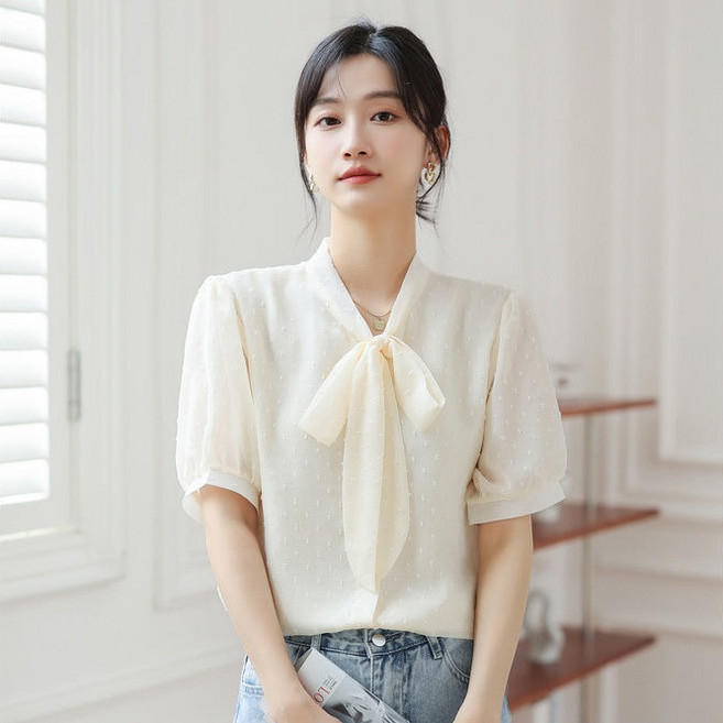 휠렉스 여성 리본 오피스룩 데일리 베이직 반팔 블라우스 PY60