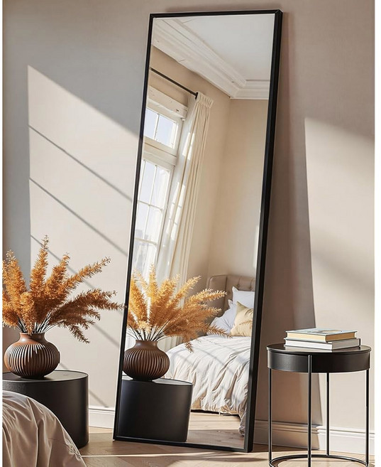 전체 길이 거울 침실 거실 욕실용 알루미늄 프레임이 있는 스탠딩 대형 바닥 거울 블랙, Matte Black, 56"L x 15"W, 1개
