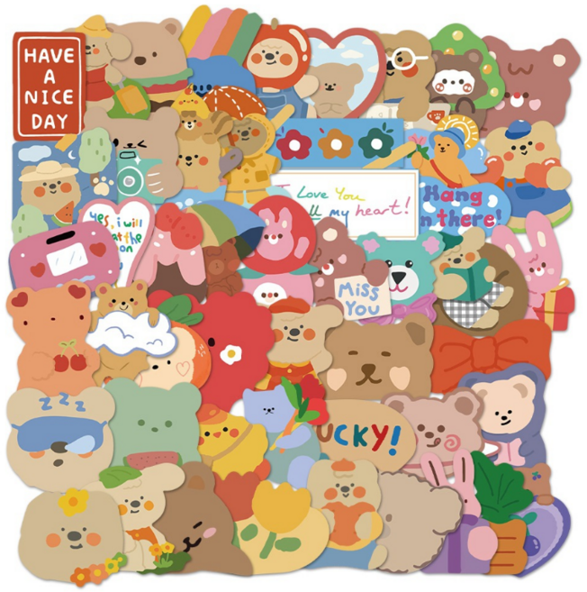 걸스코코 캐리어 노트북 스티커 스꾸 다꾸 캠핑 여행 리무버블 방수스티커 꾸미기스티커, 1세트, 08.일러스트곰돌50장