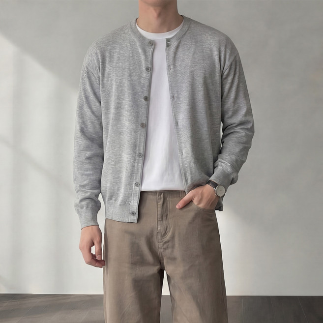 남자 워셔블 크롭 라운드넥 가디건