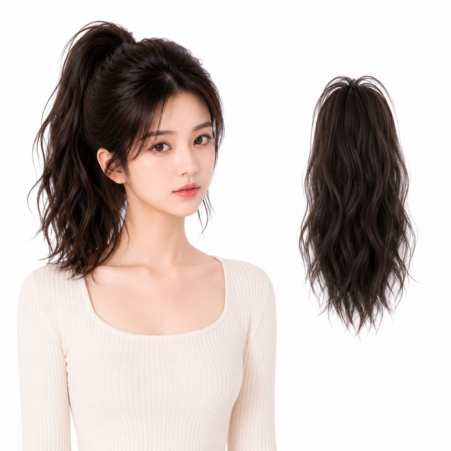 리노아 포니테일 집게 가발 롱 웨이브 자연스러운 롱컬 간편 착용 붙임머리, 1개, 블랙브라운