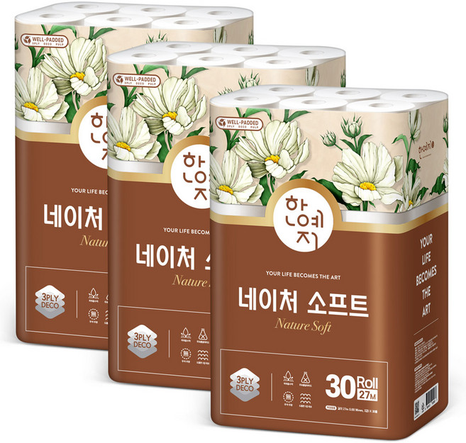 한예지 네이처 소프트 화장지 3겹 27m 30롤 3팩