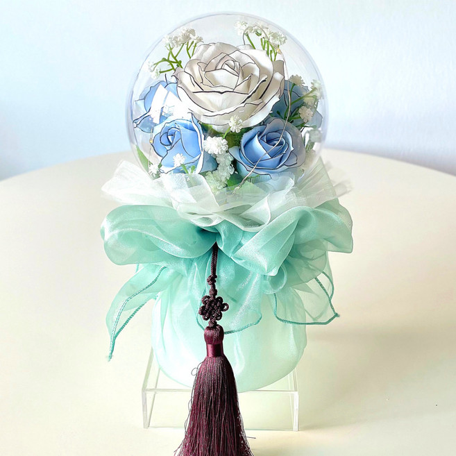 로맨틱앤 풍선꽃다발 카네이션 장미 꽃다발 LED 아크릴 꽃풍선 화환, 라인블루+일반형보자기