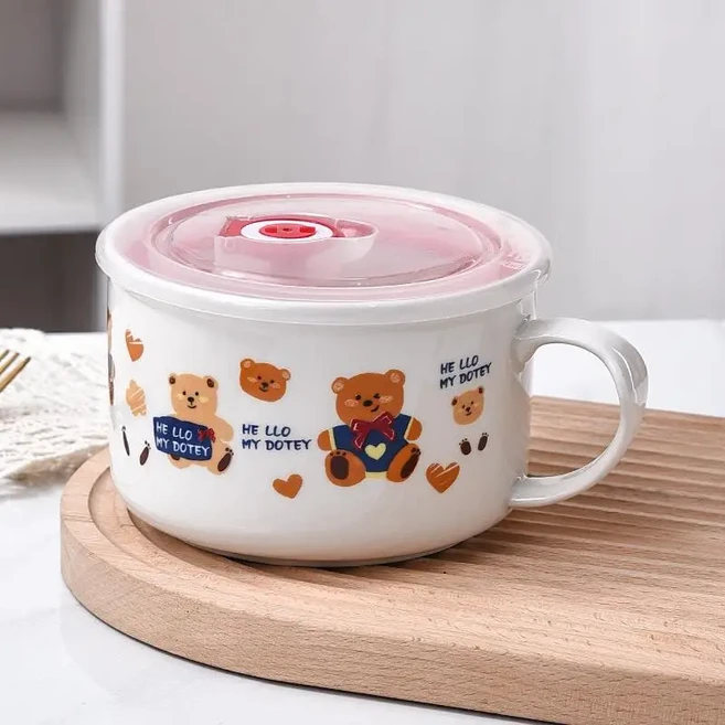 뚜껑과 손잡이가 있는 세라믹 수프 그릇 밥 그릇 전자레인지 사용 가능 신선도 그릇 인스턴트 국수 그릇 도