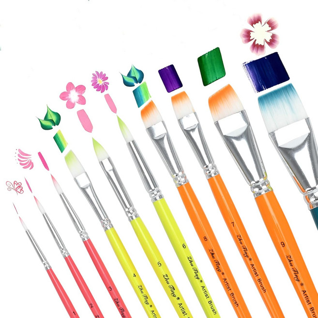 전문가용 페이스 페인트 브러시 세트 10피스 아티스트 컬렉션 멀티 컬러 핸들 바디 아트 및 페인팅을 위한 다양한 사이즈 18.4-21.8cm 길이별도 색상, 전문가용 페이스 페인트 브러시 세트, 10피스 아티스트