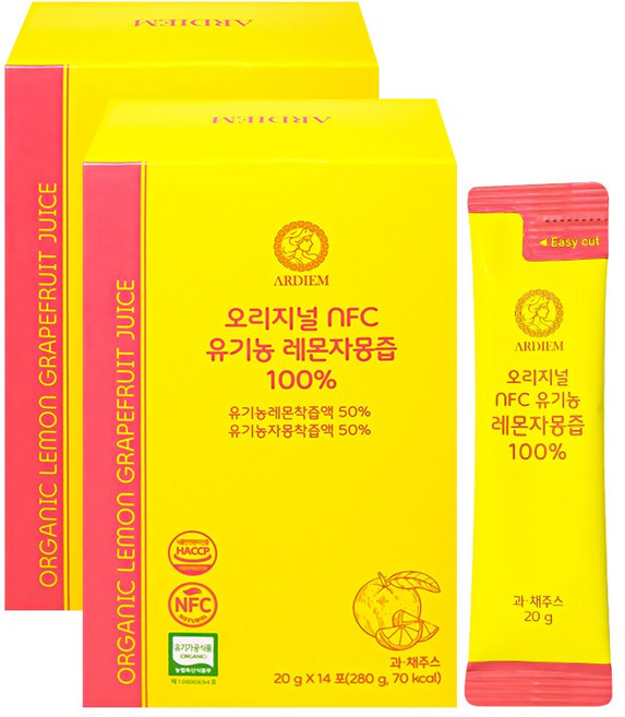 아르디엠 오리지널 NFC 유기농 레몬자몽즙 100% 착즙 레몬 자몽 원액, 2개, 280g
