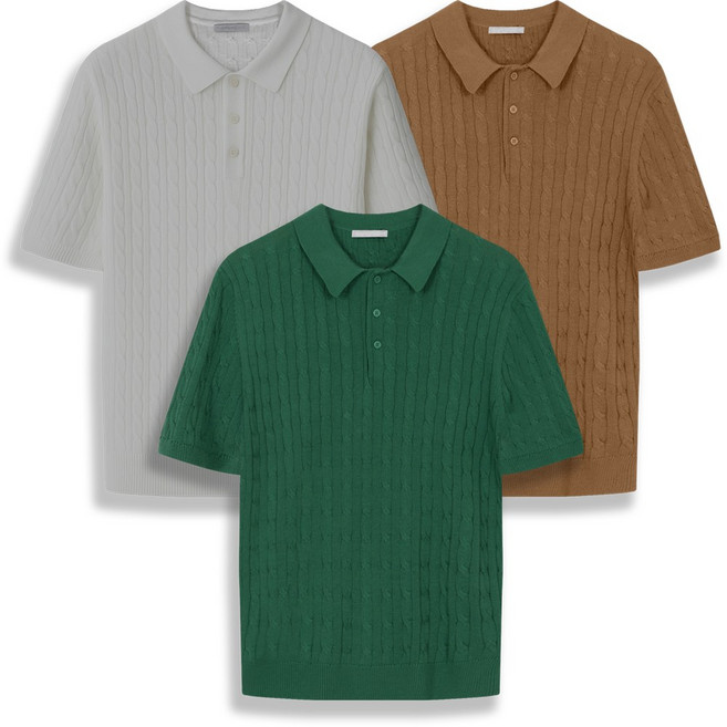 케이블 니트 여름 cool 케이블 반팔 카라넥 티셔츠 남자 남성 라운드 칼라넥 무지