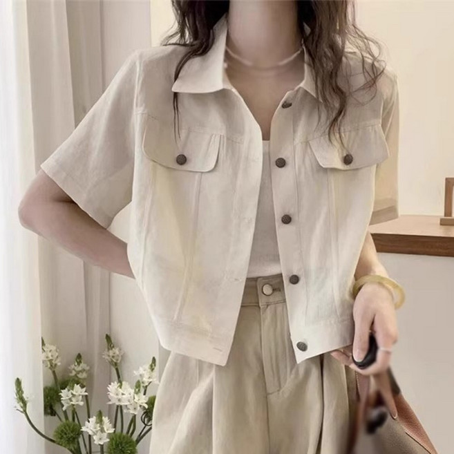 JIEVE 린넨 반팔 캐주얼룩 데일리룩 여성 봄 가을 얇 코트 ZY050745