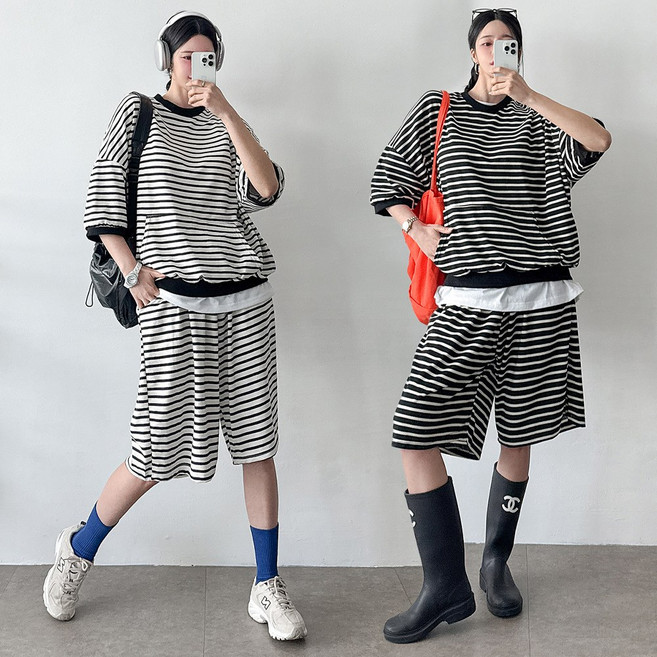 렛잇샤인 남녀공용 베이직 버뮤다 스트라이프 오버핏 맨투맨+반바지 세트