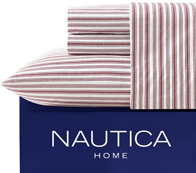 Nautica - 퍼케일 컬렉션 - 침대 시트 세트 - 100% 면 크리스프 & 쿨링 경량 및 수분 흡수 기능 트윈 XL 보 스트라이프, Coleridge Stripe Red