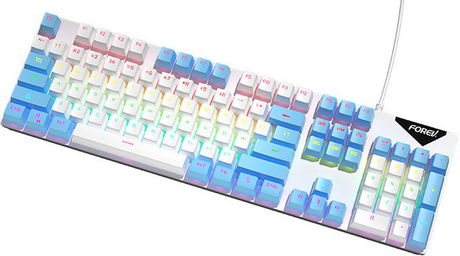 FOREV 레인보우 LED 기계식 유선 게이밍 키보드 FV-Q302, 화이트 블루, 청축