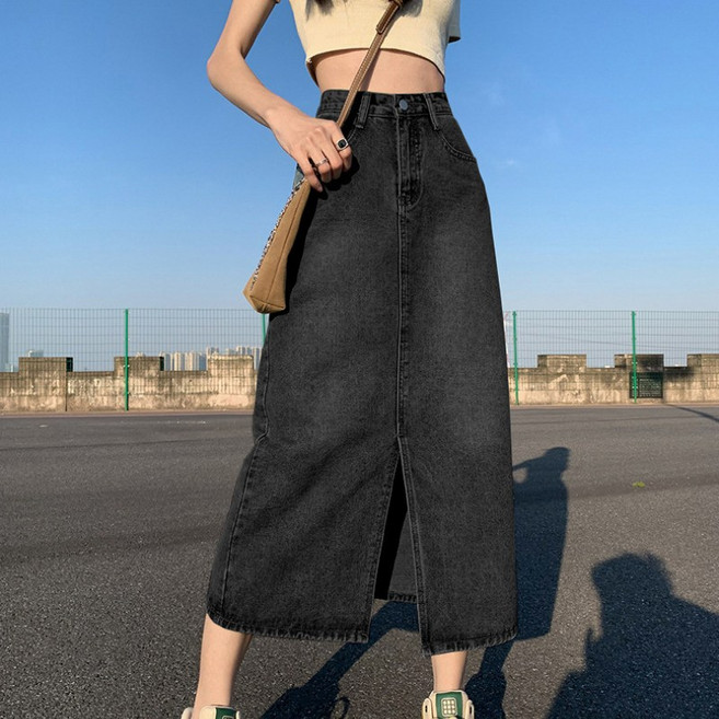 SAHINER 여성 하이웨스트 데님 롱 스커트 앞트임 봄가을룩