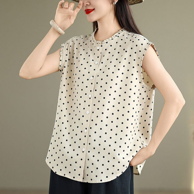 復古波點無袖上衣 木耳邊圓領襯衫 夏季寬鬆薄款襯衣