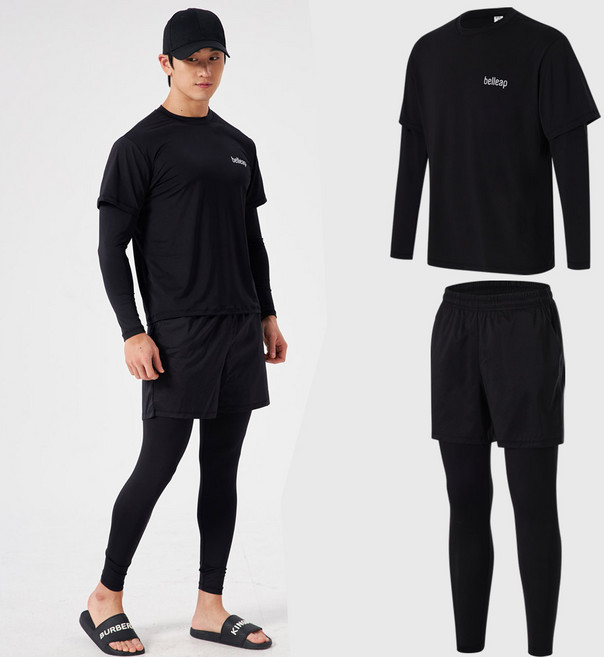 남자 레이어드 긴팔 래쉬가드 + 9부 반바지 레깅스 상하의 세트