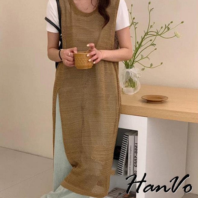 HanVo 鏤空網洞罩衫, 咖色