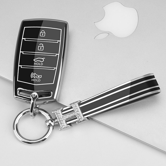 키에티 제네시스 호환 G70 G80 G90 EQ900 4버튼 키케이스 + H큐빅 키체인, 실버-블랙