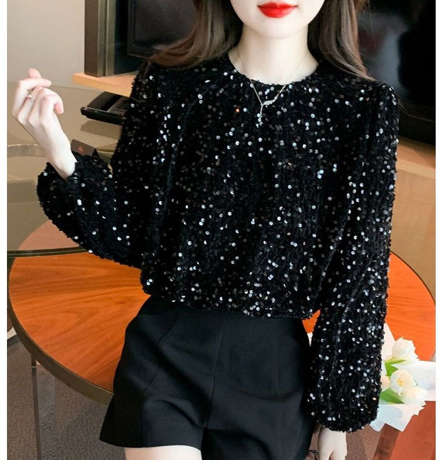 여성용 가을 겨울 빅사이즈 라운드넥 스팽글 티 기모 긴팔 티셔츠