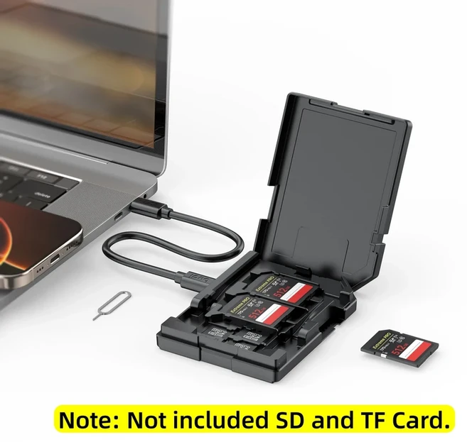 BUDI SD 메모리 카드 리더기(12슬롯) 보관 케이스 USB Type-C 및 호환 지원, 01 Black