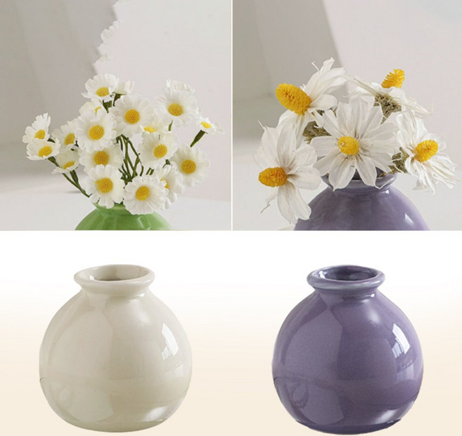 레디박스 사무실 식탁 인테리어 미니 원형 꽃병 조화 세트, 크림 데이지+퍼플 수선화