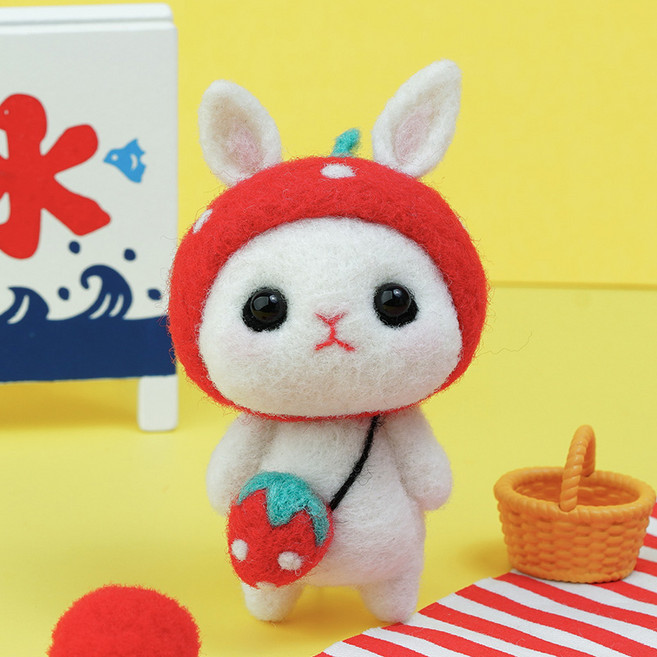 [기념일 한정] 판다 모루인형 DIY 선물세트 8종 - 뽀글모루 꽃다발 + 이니셜키링 포함 커플링 만들기 장식용 풀패키지, 토끼 딸기, 1개