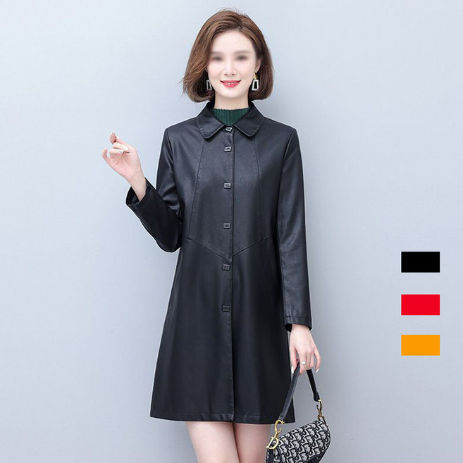 JUSTFEELING XL-5XL 빅사이즈 카라넥 인조가죽코트 패션 중년여성 럭셔리 우아한 아우터 외투 PU코트 트렌치자켓