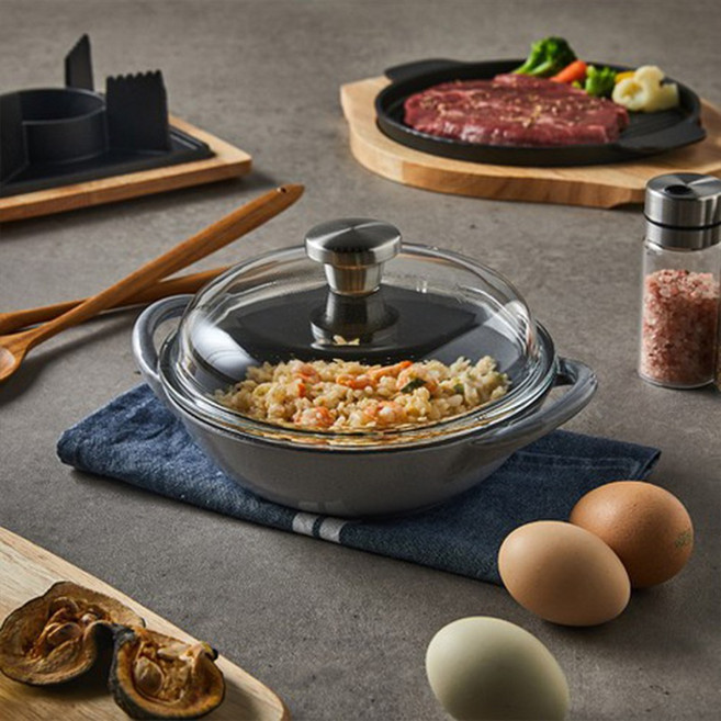 베이비웍 무쇠주물 양수냄비 모던 하우스 마리슈타이거 스타우브 냄비, 모던하우스베이비웍그레이유리뚜껑(18cm)