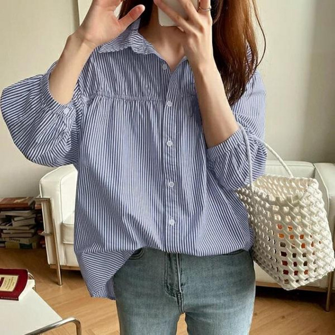 shiny格子 簡約襯衫上衣 寬鬆舒適 泡泡袖設計 甜美氣息