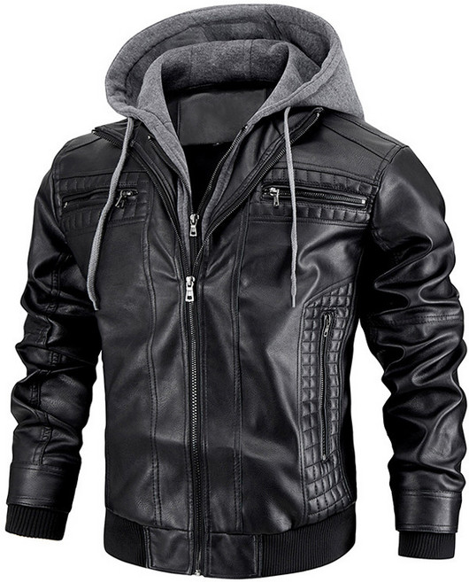 POMTOR 남성 오버핏 가죽 재킷 캐주얼 후드 집업 라이더 자켓 방풍 코트
