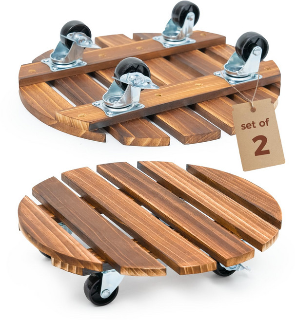 바퀴 달린 트레이가 있는 야외 화분 스탠드 화분 운반 카트, 2개, 갈색