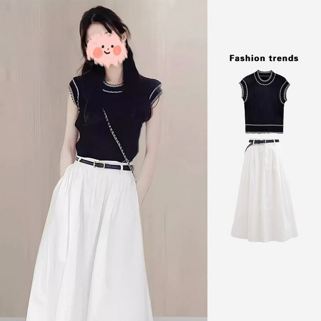 Asure 봄 여름 여성 투피스 나시+미디스커트 벨트포함 캐주얼 데일리룩