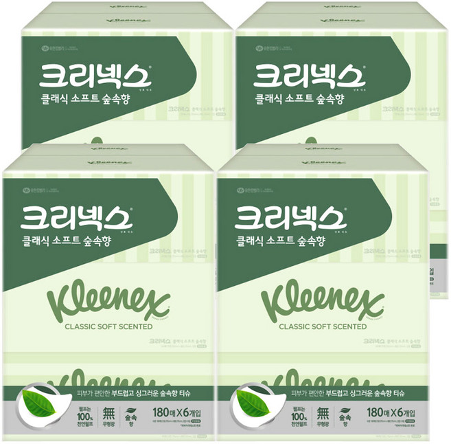 크리넥스 클래식 천연펄프 숲속향 미용티슈 2겹 180매, 6개입, 4개