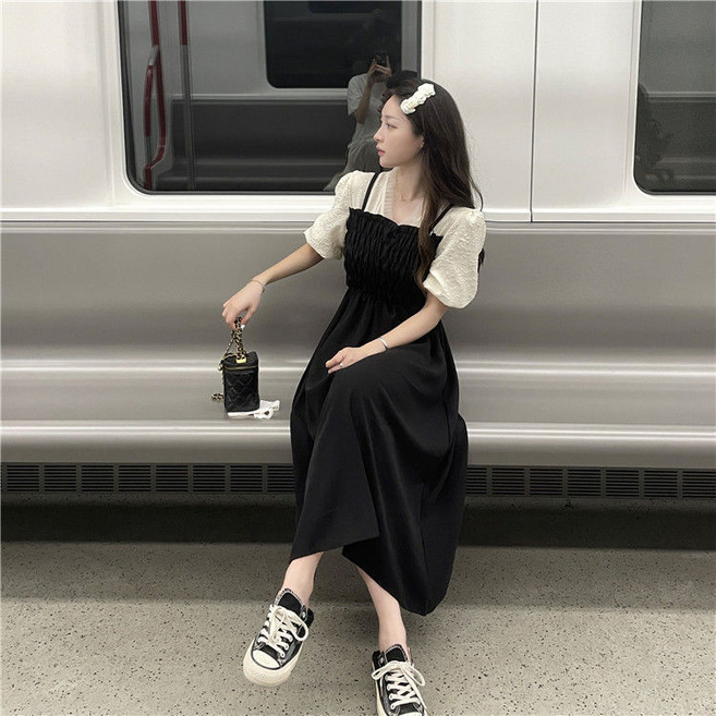 POMTOR프리미엄 페이크 투피스 블랙 여름 반팔 원피스