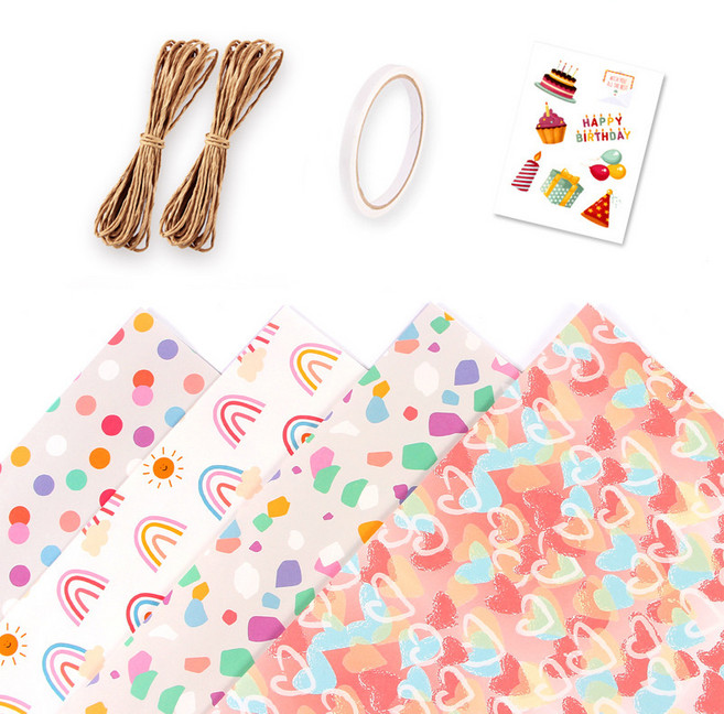 감성 하트 패턴 종이 선물 포장지 4종 세트 50x70cm (포장지+마끈+양면테이프+스티커) 답례품 기념일 어린이 선물용, 1세트, 4종 디자인