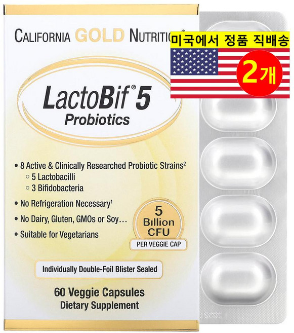 캘리포니아골드뉴트리션 CGN 캘리포니아 골드 뉴트리션 락토비프 프로바이오틱스 유산균 50억 CFU 각개포장, 2개, 60정, 60정