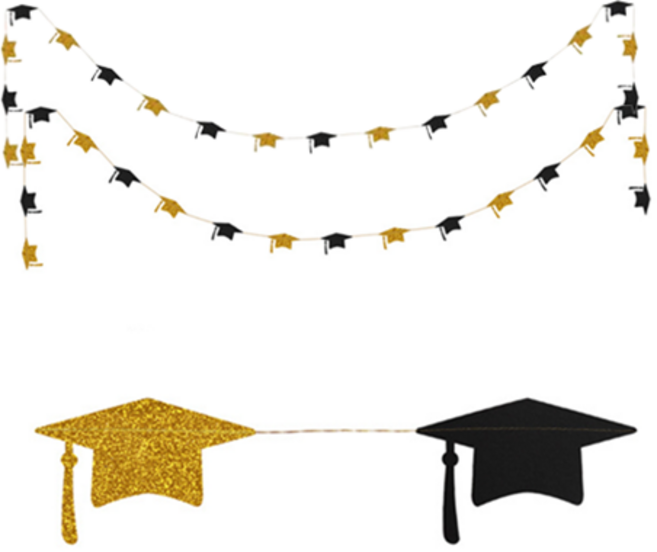 학사모 졸업가랜드 축하 파티 장식 현수막 세트, 2개, 블랙(골드)